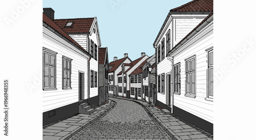 Cobblestone street lined with white wooden houses under a clear blue sky