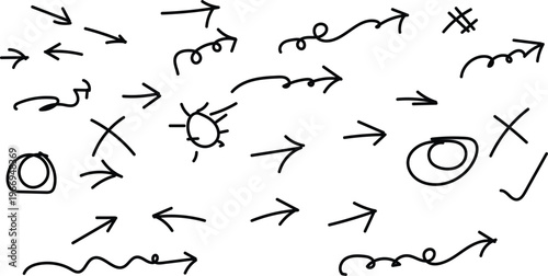 Hand drawn arrows and symbols on a white background in black ink