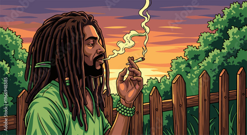 Man with dreadlocks smoking a joint in a backyard at sunset