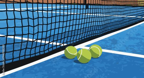 Tennis balls rest on a blue court near the net
