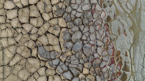 Aerial view of cracked earth textures and colorful mineral deposits on a dry surface in Minas de Riotinto, Andalusia, Spain.