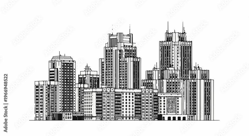 Fototapeta premium Black and white sketch of an urban skyline with distinct geometric skyscraper architecture