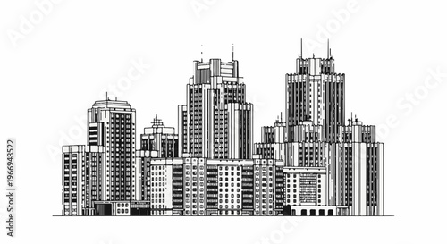 Black and white sketch of an urban skyline with distinct geometric skyscraper architecture