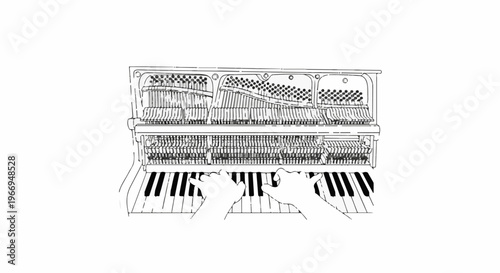 Stylized sketch of a piano's inner workings with hands poised to play