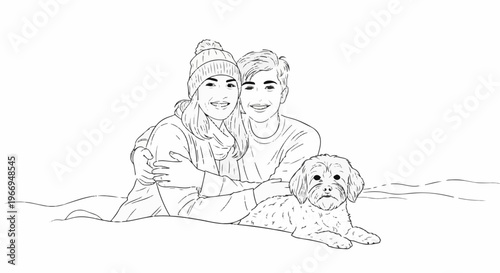 Happy couple and their dog, a heartwarming sketch of affection and togetherness