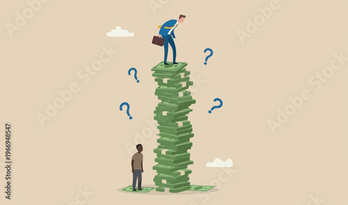 Economic inequality, rich and poor unfairness income, different money people concept, white rich businessman standing high salary coins tower with poor black man on low coins stack