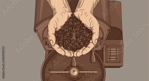 Hands holding freshly roasted coffee beans over a roaster