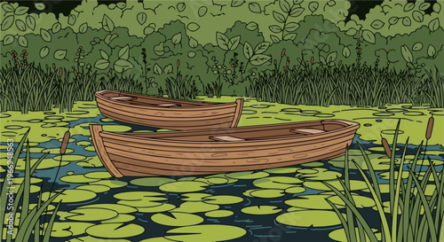 Two wooden rowboats float on a pond filled with lily pads and reeds