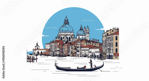 Stylized depiction of Venice with gondola and domed cathedral