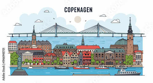 Stylized illustration of a city skyline with a bridge and boats