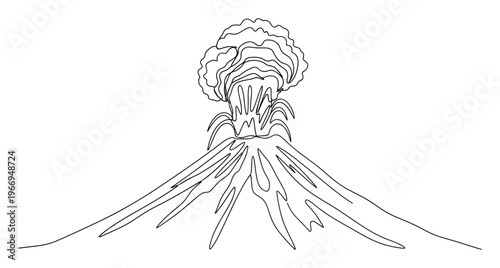 Dynamic black outline drawing of an erupting volcano with a prominent smoke cloud and visible lava flows, perfect for educational content, geological studies, and naturethemed media.