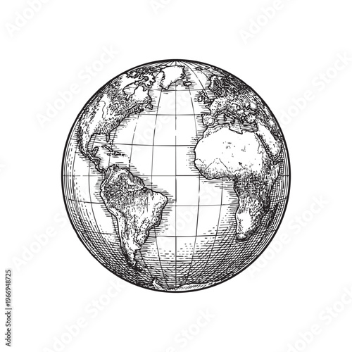 Hand Drawn Engraved of the Earth Globe Showing Continents and Grid ink engraving black png
