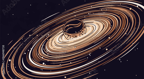 Swirling cosmic dust and stars around a dark, circular celestial body