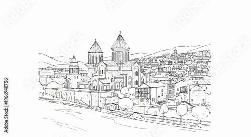 Architectural sketch of ancient city with domes and hilly backdrop