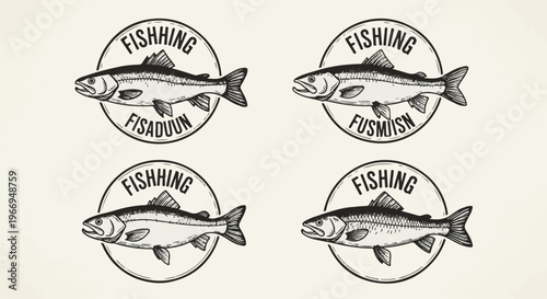 Vintage fishing logos feature fish in circular frames