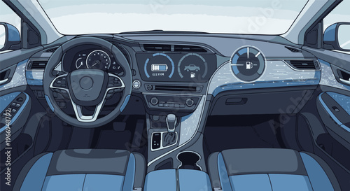 Futuristic car interior with digital displays and blue accents