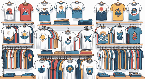 T-shirt store display featuring multiple racks and shelves stocked with graphic tees