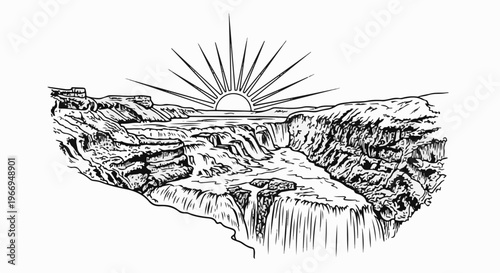 Sun rises over a dramatic waterfall cascading down rocky cliffs in a line drawing