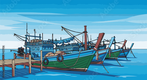 Fishing boats moored at a wooden dock under a bright blue sky