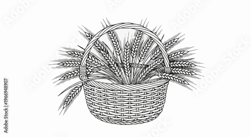 Woven basket overflows with detailed stalks of ripe grain in a line drawing