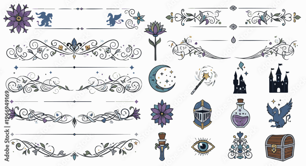 Fototapeta premium Whimsical fantasy elements with decorative borders, castles, and mythical creatures