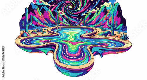 Vibrant desert oasis with swirling cosmic sky and psychedelic pool