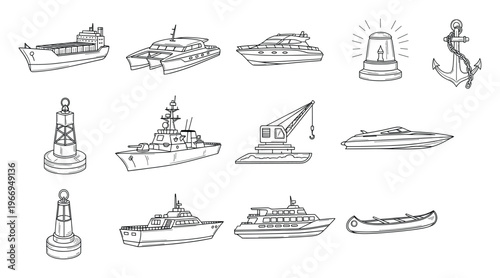 Outline illustrations of various ships boats nautical equipment and maritime objects suitable for ocean and sea themed graphic concepts and educational resources