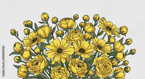 A vibrant bouquet of yellow flowers and buds arranged artfully