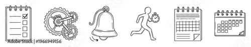 Hand drawn icons for business productivity and time management checklist, gears, alarm, stopwatch runner, and calendars for effective scheduling and planning.