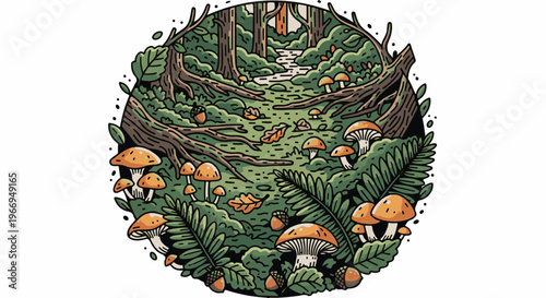 Whimsical forest scene with mushrooms and acorns in a circular frame