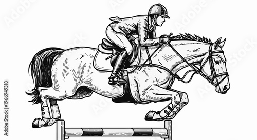 A monochrome sketch shows a horse and rider clearing an obstacle during a competition