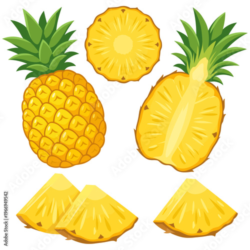 Foto Vector set of fresh pineapple whole and sliced isolated on white background