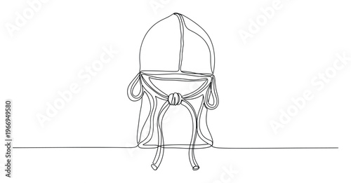 Continuous line drawing of a bishops miter with lappets tied in a bow, symbolizing religious authority and tradition for spiritual concepts and historical content projects.