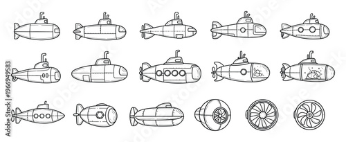 Collection of diverse submarine outlines and underwater vehicle designs suitable for marine exploration themes, educational resources, childrens media, and transportation graphic assets.
