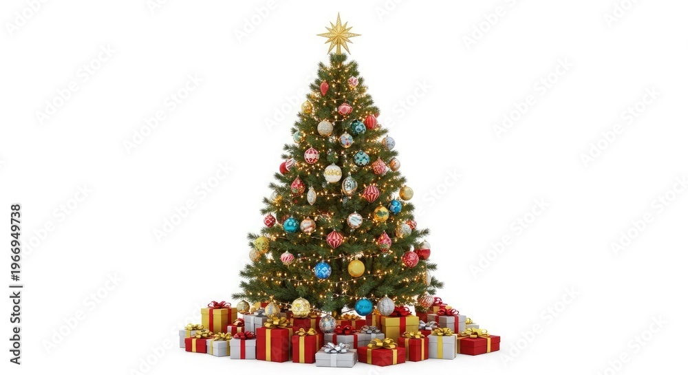 Naklejka premium Festive christmas tree with colorful ornaments and presents below holiday season