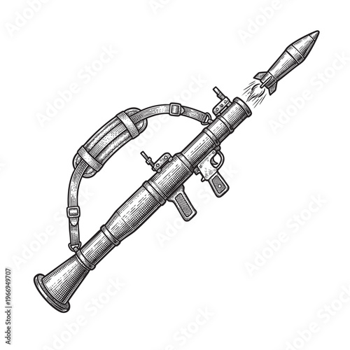 Vintage Engraving of a Rocket Launcher with a Missile Firing and Strap ink line black png