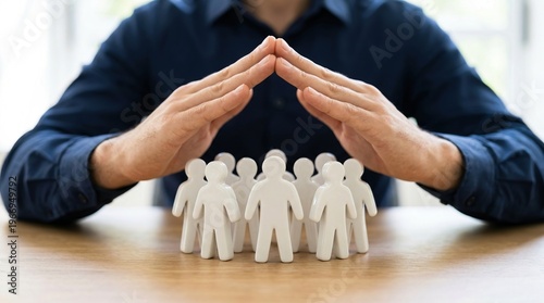 insurance protection people support safety group care concepts. Close-up of businessman hands sheltering small white human figurines to symbolize life security and employee welfare.