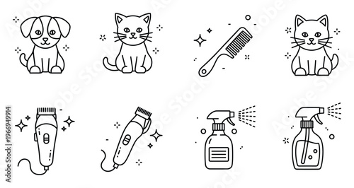 A collection of outline style icons featuring a cute puppy, an adorable kitten, and various pet grooming equipment including a comb, electric clipper, and spray bottle, suitable for animal