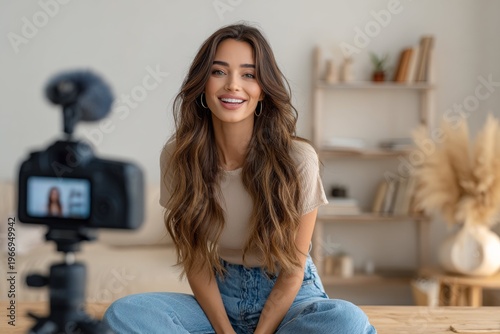 Young woman sitting at table facing camera on tripod, recording video, white wall with bookshelf and dried pampas grass background. Female bloger. AI generative