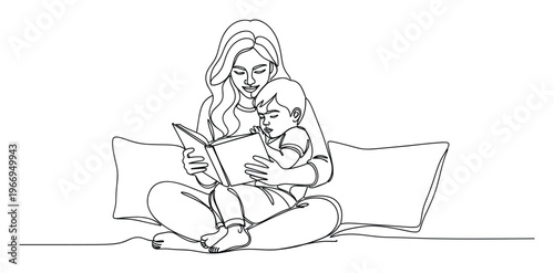 Continuous line drawing of a mother and child enjoying a heartwarming moment together while reading a storybook, perfect for educational resources, parenting content, and promoting literacy.