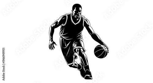 Silhouette of a basketball player dribbling the ball.