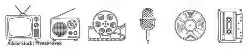 Collection of vintage media devices and sound recording equipment line icons representing historical entertainment communication and broadcasting technology for educational graphics or