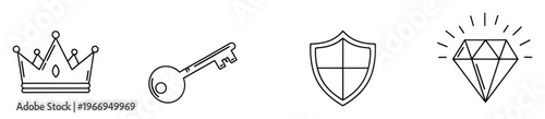 Free Download A collection of minimalist line icons representing concepts of royalty, security, protection, and luxury, suitable for web interfaces, application design, or modern branding materials. - GFXLoad