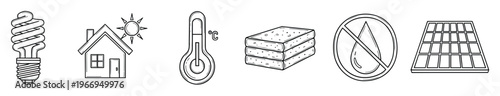 Line icons for environmental sustainability, featuring energy saving, solar power, home insulation, temperature regulation, and water conservation, ideal for green living education and