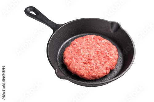 Ready for cooking Raw beef meat patties, cutlets in pan isolated on white background
