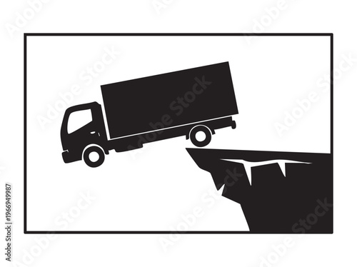 Black silhouette of a box truck driving off a cliff edge with a ink engraving line png