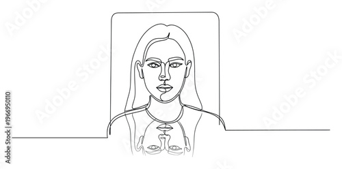 Minimalist continuous line drawing of a womans face with a subtle inner reflection, framed within a sleek border, ideal for contemporary branding, psychological concepts, or personal