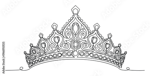 Ornate queens tiara drawn with a single continuous line, ideal for luxury branding, jewelry advertising, or fairy tale inspired graphics.