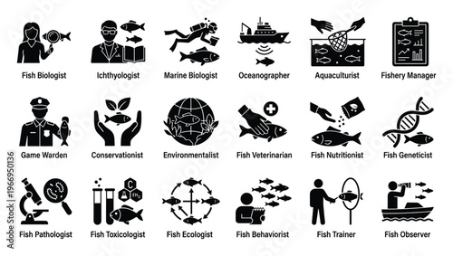 This extensive set of fish related professional icons represents diverse roles in marine biology, aquaculture, and conservation, perfect for educational resources and environmental project
