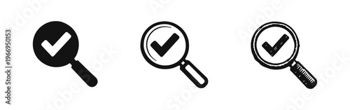 Magnifying glass with checkmark icon set in solid, outline, and hand-drawn styles, representing successful search or verification